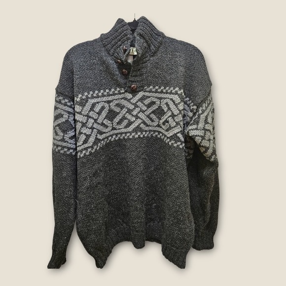 Orvis Mens L Pure New Wool Gray Nordic Shawl Button Neck Sweater Ireland - Picture 1 of 9